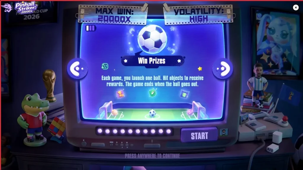 Tampilan layar permainan Pinball Striker 20,000x dengan tema stadion neon dan elemen pinball.