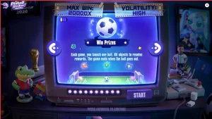 Tampilan layar permainan Pinball Striker 20,000x dengan tema stadion neon dan elemen pinball.
